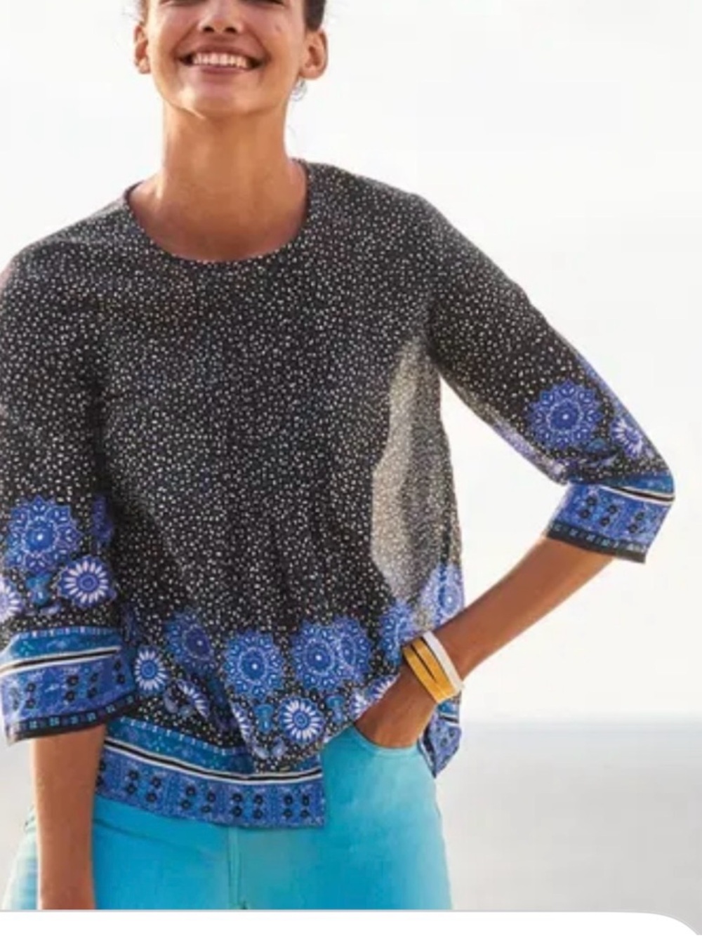 Boden Pin-tuck Black Top with Blue Floral Border Print